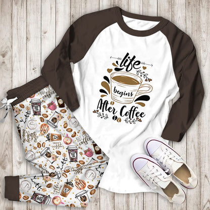 Coffee Life Begins After Coffee Aam Pajama Set |Sleepwear Pjs Sets | Raglan Shirt Pants Set