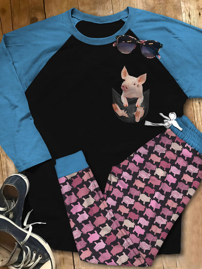 Pig Pocket Pajama Set |Sleepwear Pjs Sets | Raglan Shirt Pants Set