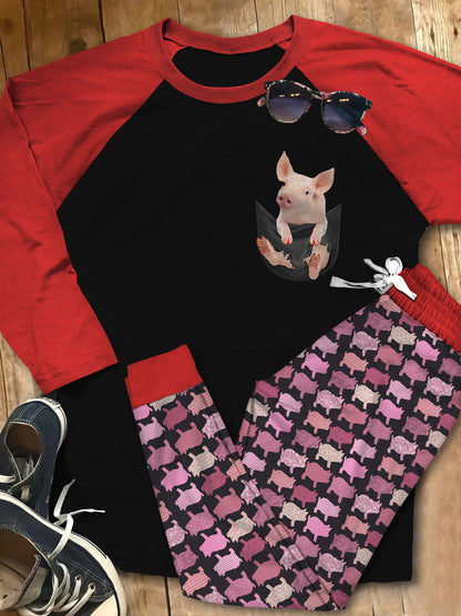 Pig Pocket Pajama Set |Sleepwear Pjs Sets | Raglan Shirt Pants Set