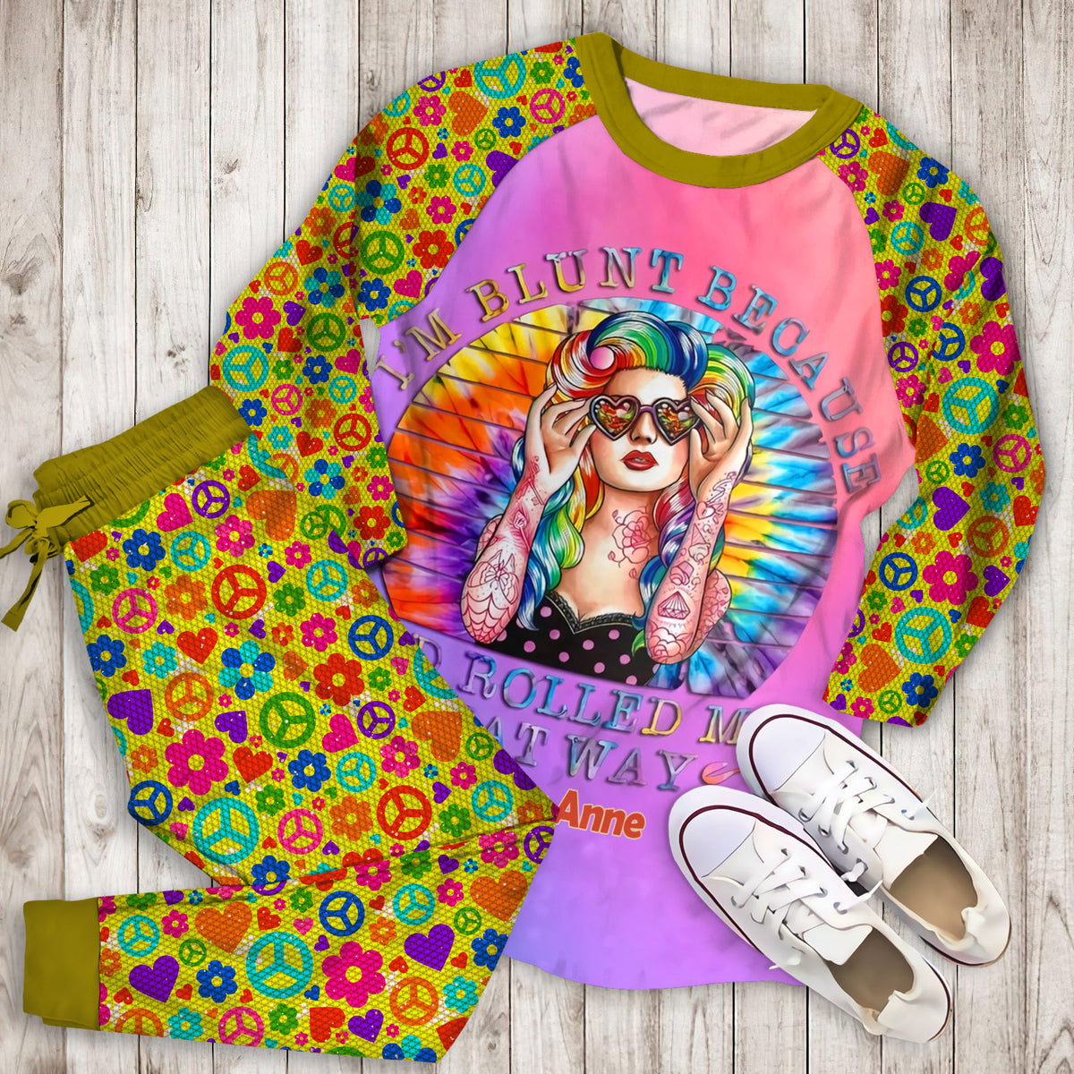 Hippie Blunt Hippie Personalized Name Pajama Set |Sleepwear Pjs Sets | Raglan Shirt Pants Set