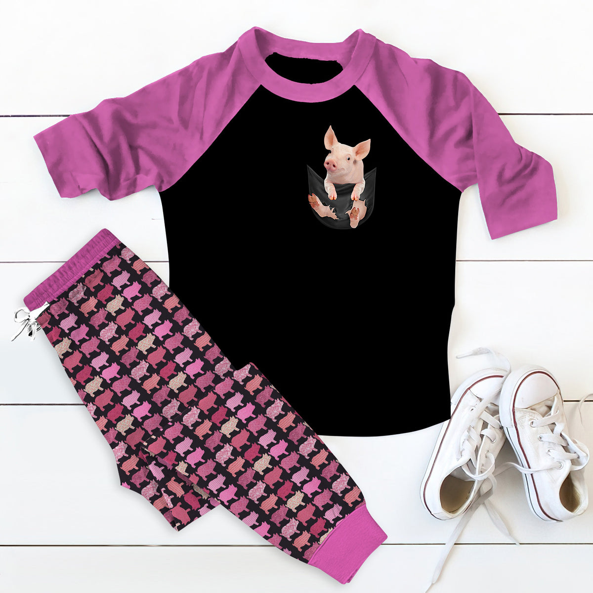 Pig Pocket Pajama Set |Sleepwear Pjs Sets | Raglan Shirt Pants Set