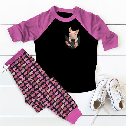 Pig Pocket Pajama Set |Sleepwear Pjs Sets | Raglan Shirt Pants Set
