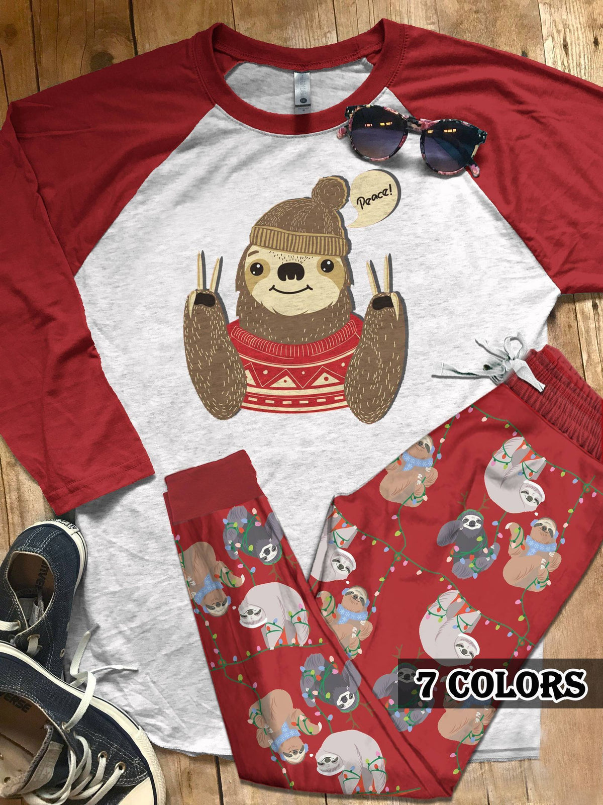 Sloth Sloth Peace Colors Pajama Set |Sleepwear Pjs Sets | Raglan Shirt Pants Set