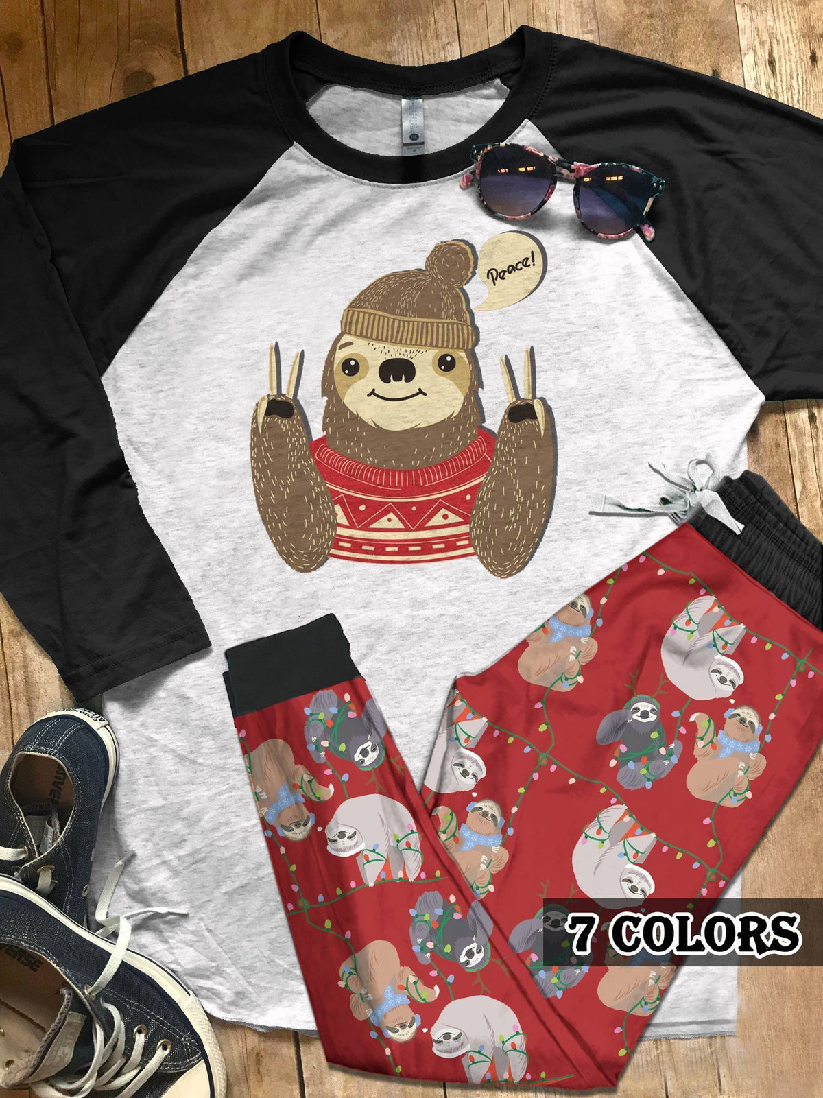 Sloth Sloth Peace Colors Pajama Set |Sleepwear Pjs Sets | Raglan Shirt Pants Set