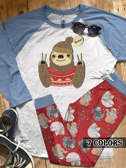 Sloth Sloth Peace Colors Pajama Set |Sleepwear Pjs Sets | Raglan Shirt Pants Set