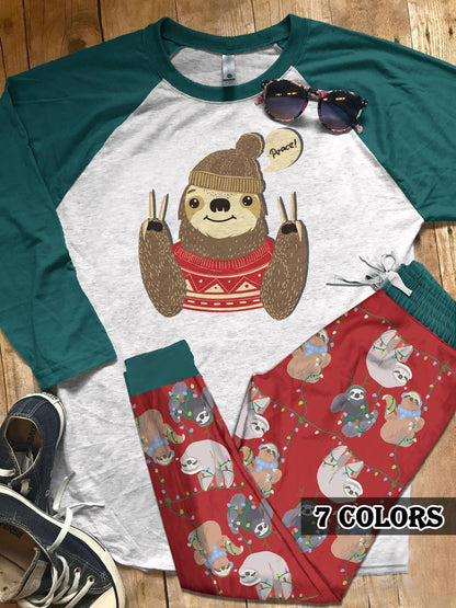 Sloth Sloth Peace Colors Pajama Set |Sleepwear Pjs Sets | Raglan Shirt Pants Set