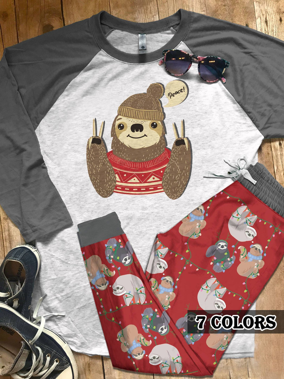 Sloth Sloth Peace Colors Pajama Set |Sleepwear Pjs Sets | Raglan Shirt Pants Set