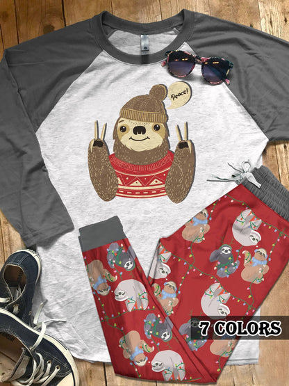 Sloth Sloth Peace Colors Pajama Set |Sleepwear Pjs Sets | Raglan Shirt Pants Set