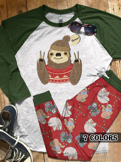 Sloth Sloth Peace Colors Pajama Set |Sleepwear Pjs Sets | Raglan Shirt Pants Set