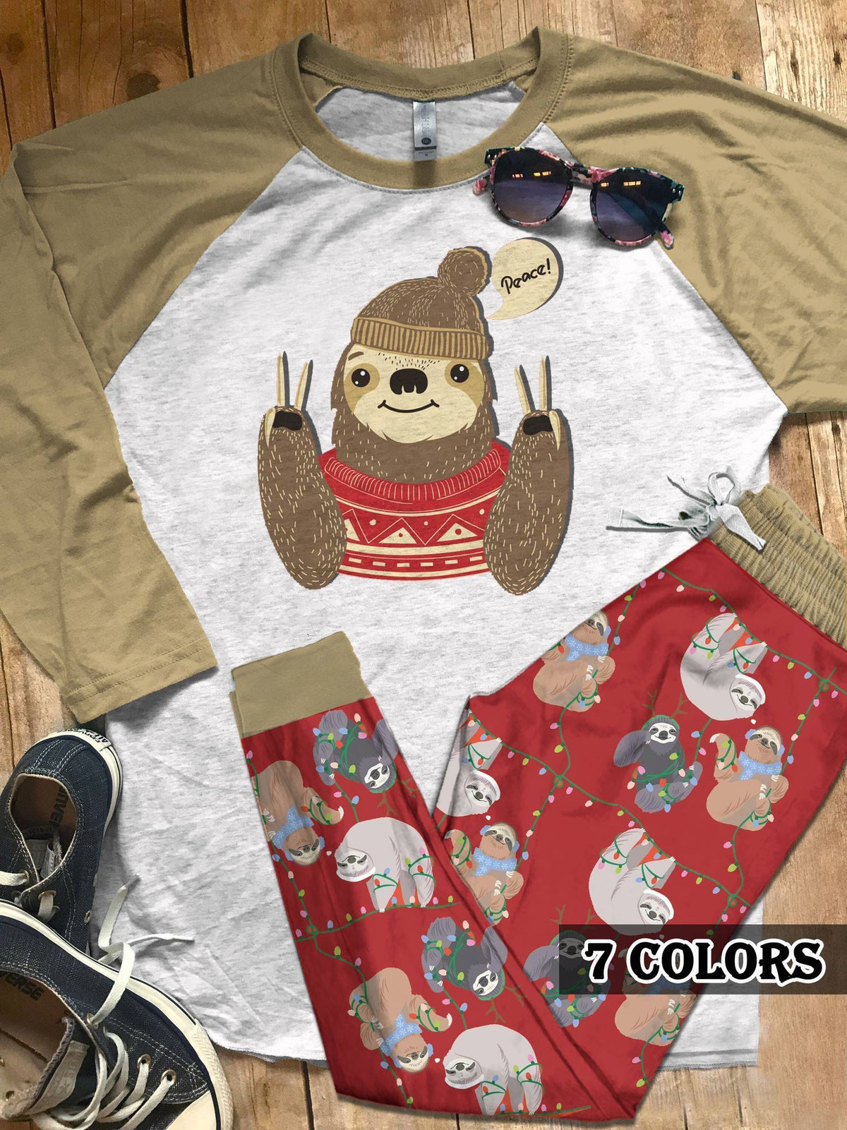 Sloth Sloth Peace Colors Pajama Set |Sleepwear Pjs Sets | Raglan Shirt Pants Set
