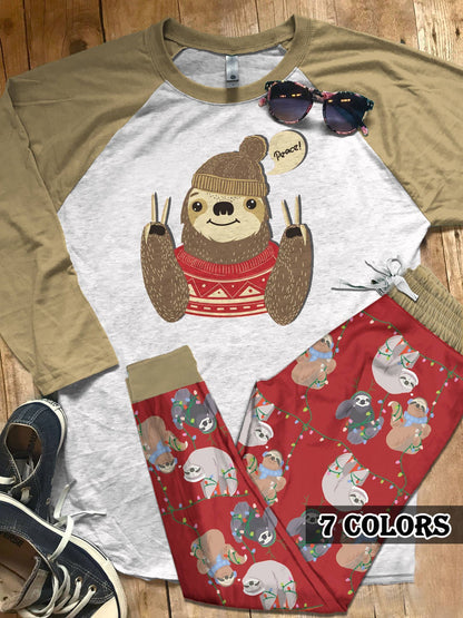 Sloth Sloth Peace Colors Pajama Set |Sleepwear Pjs Sets | Raglan Shirt Pants Set
