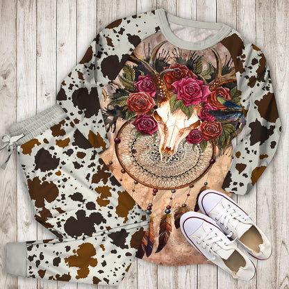 Cow Skull Dreamcatcher Pajama Set |Sleepwear Pjs Sets | Raglan Shirt Pants Set