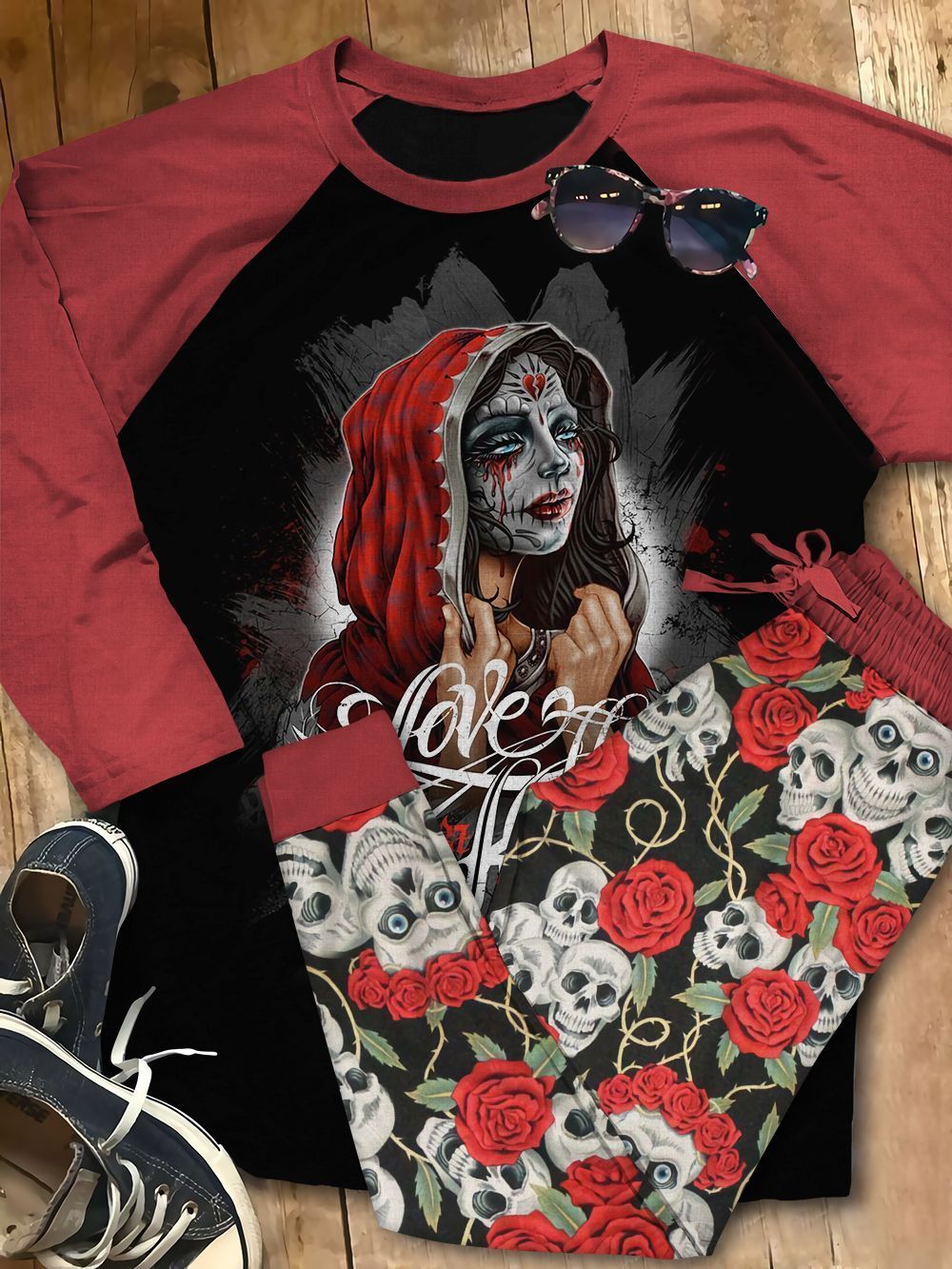 Day Of The Dead Cool Girl Pajama Set |Sleepwear Pjs Sets | Raglan Shirt Pants Set