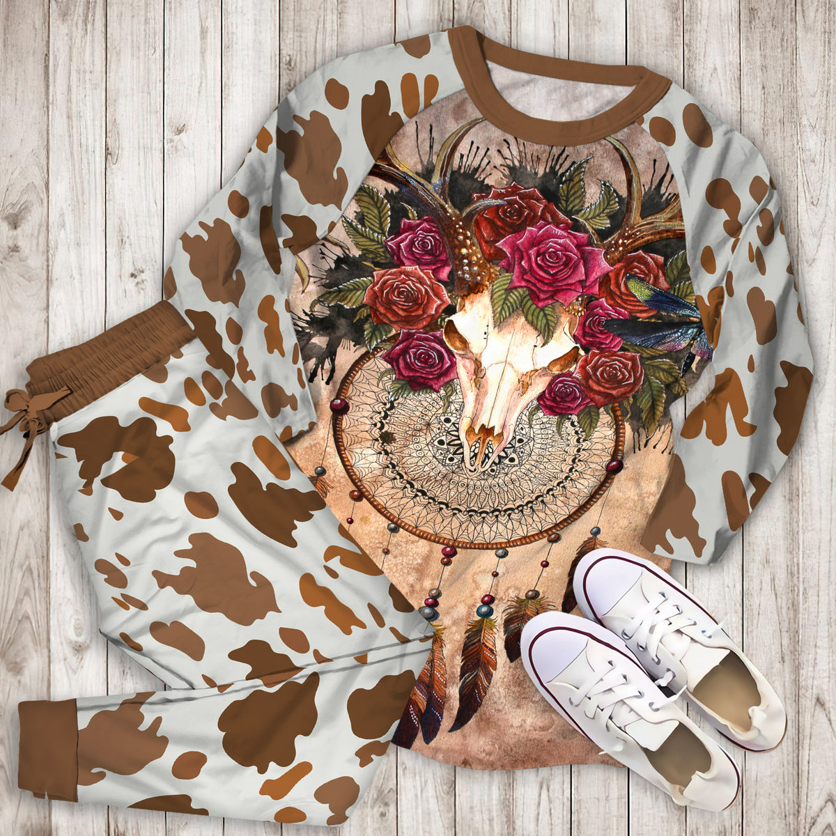 Cow Skull Dreamcatcher Pajama Set |Sleepwear Pjs Sets | Raglan Shirt Pants Set