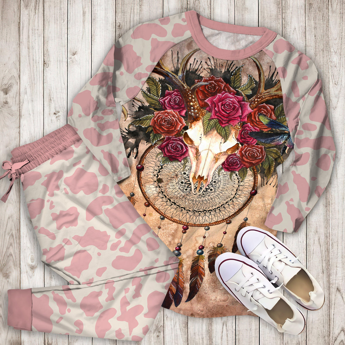 Cow Skull Dreamcatcher Pajama Set |Sleepwear Pjs Sets | Raglan Shirt Pants Set