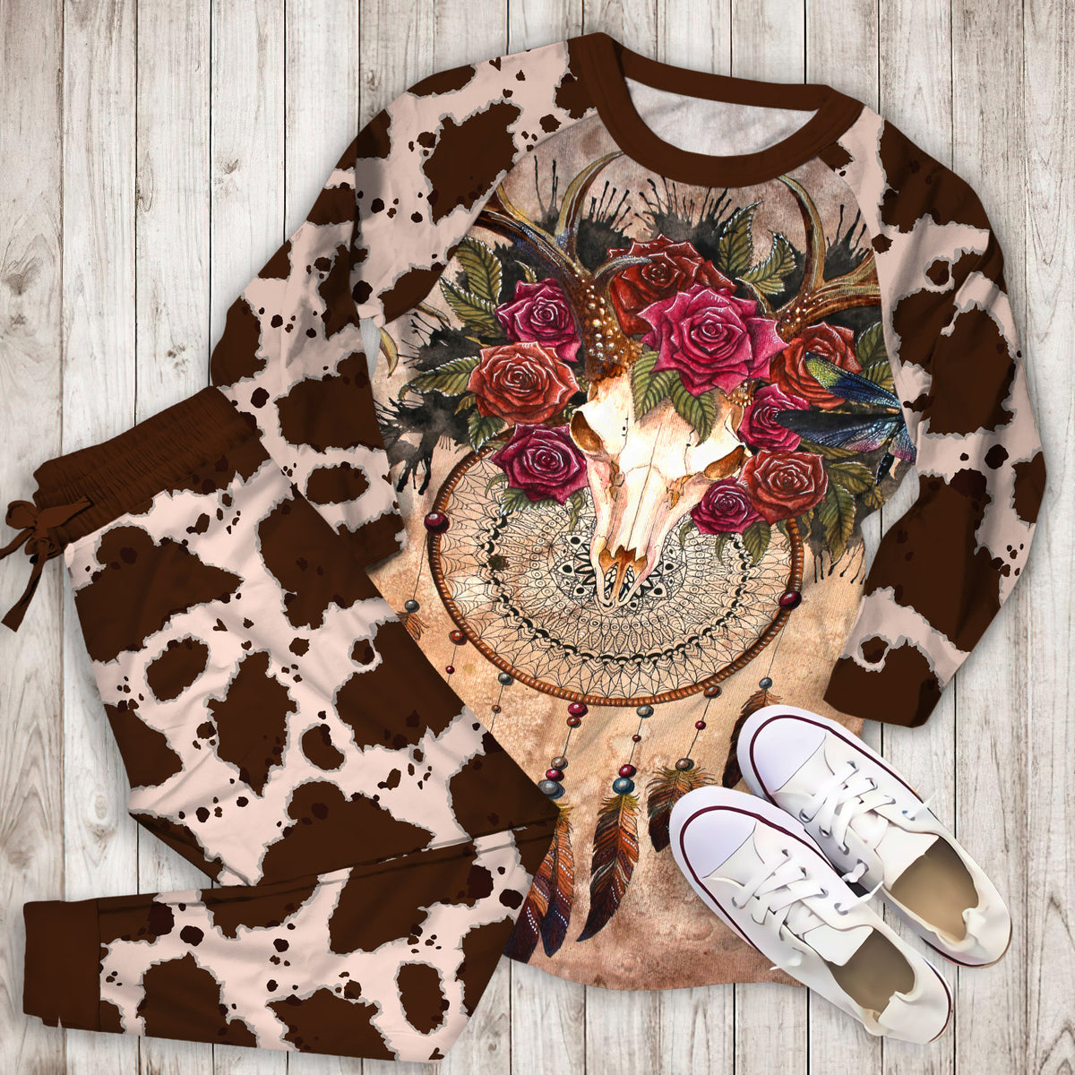 Cow Skull Dreamcatcher Pajama Set |Sleepwear Pjs Sets | Raglan Shirt Pants Set