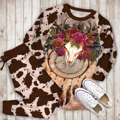 Cow Skull Dreamcatcher Pajama Set |Sleepwear Pjs Sets | Raglan Shirt Pants Set