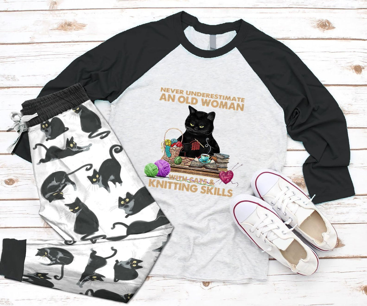 Cat And Knitting Skill Aac Pajama Set |Sleepwear Pjs Sets | Raglan Shirt Pants Set