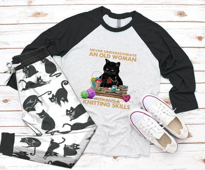 Cat And Knitting Skill Aac Pajama Set |Sleepwear Pjs Sets | Raglan Shirt Pants Set