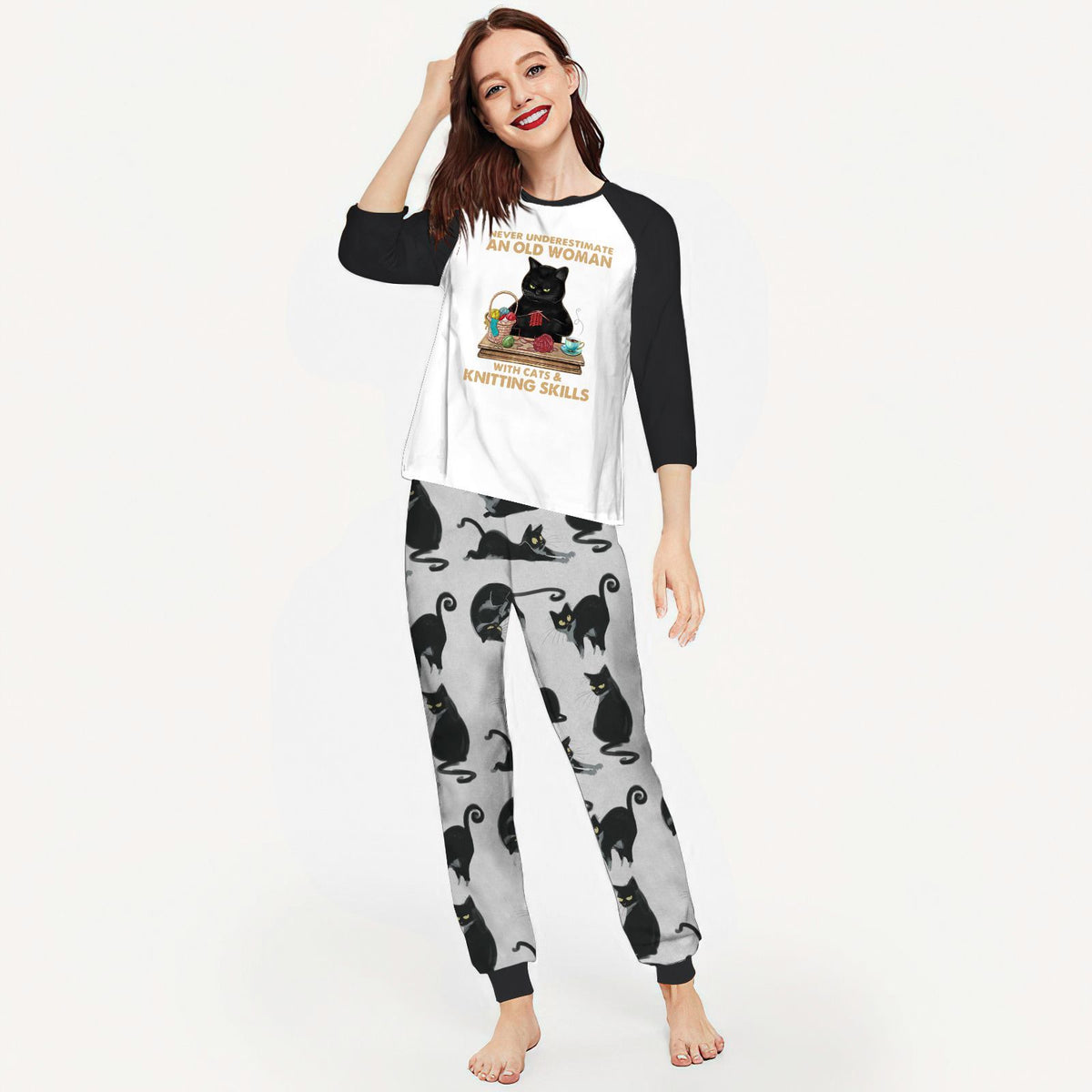 Cat And Knitting Skill Aac Pajama Set |Sleepwear Pjs Sets | Raglan Shirt Pants Set