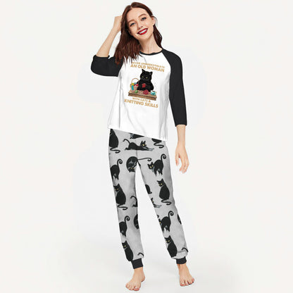 Cat And Knitting Skill Aac Pajama Set |Sleepwear Pjs Sets | Raglan Shirt Pants Set