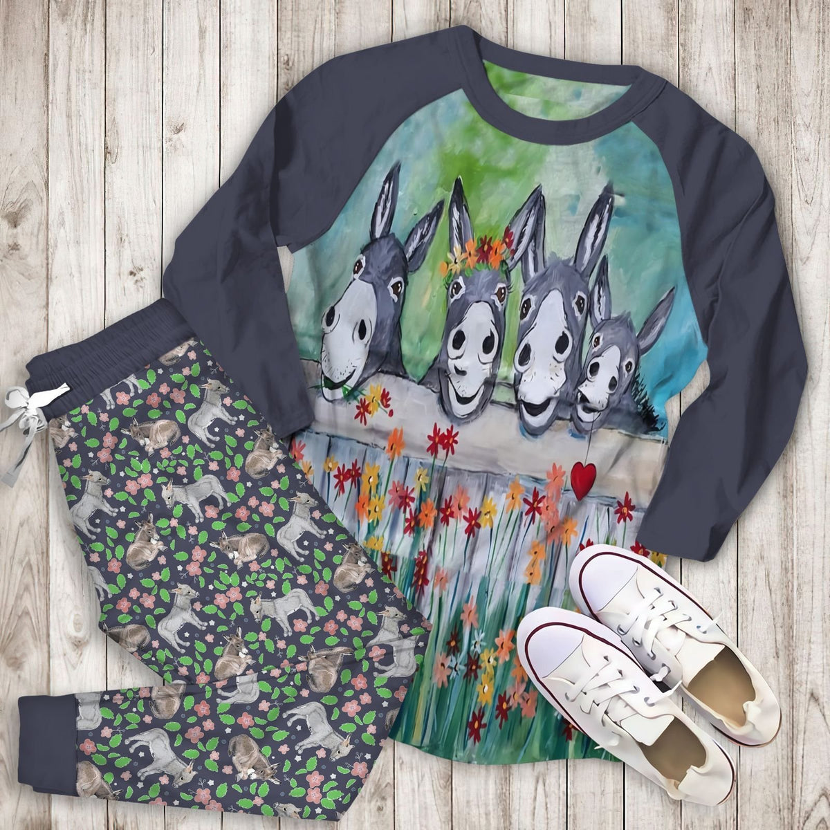 Donkey Donkey Family Aay Pajama Set |Sleepwear Pjs Sets | Raglan Shirt Pants Set