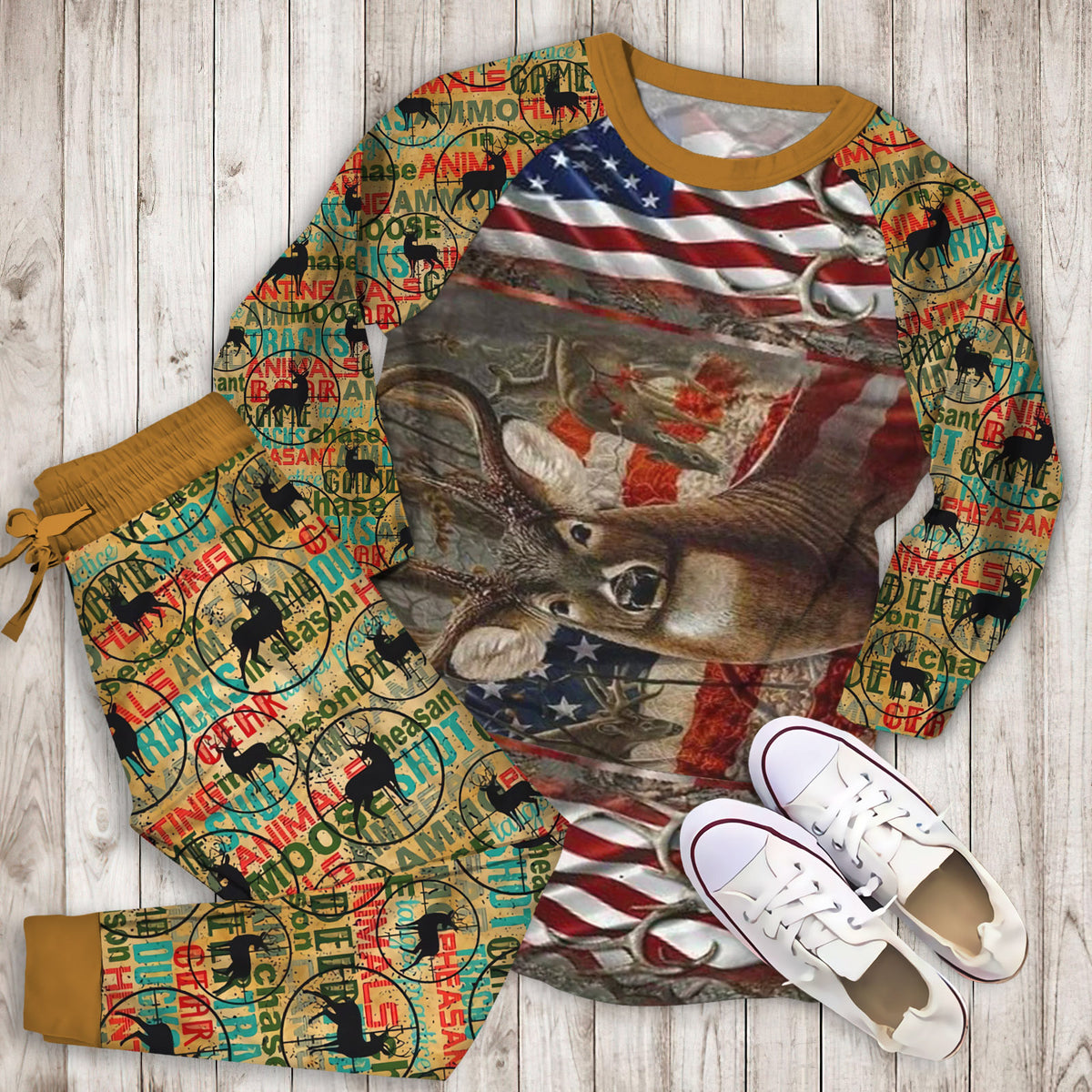 Hunting American Flag Pajama Set |Sleepwear Pjs Sets | Raglan Shirt Pants Set