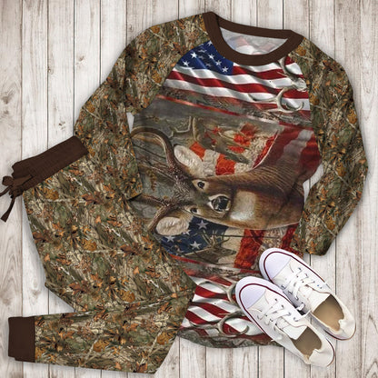 Hunting American Flag Pajama Set |Sleepwear Pjs Sets | Raglan Shirt Pants Set