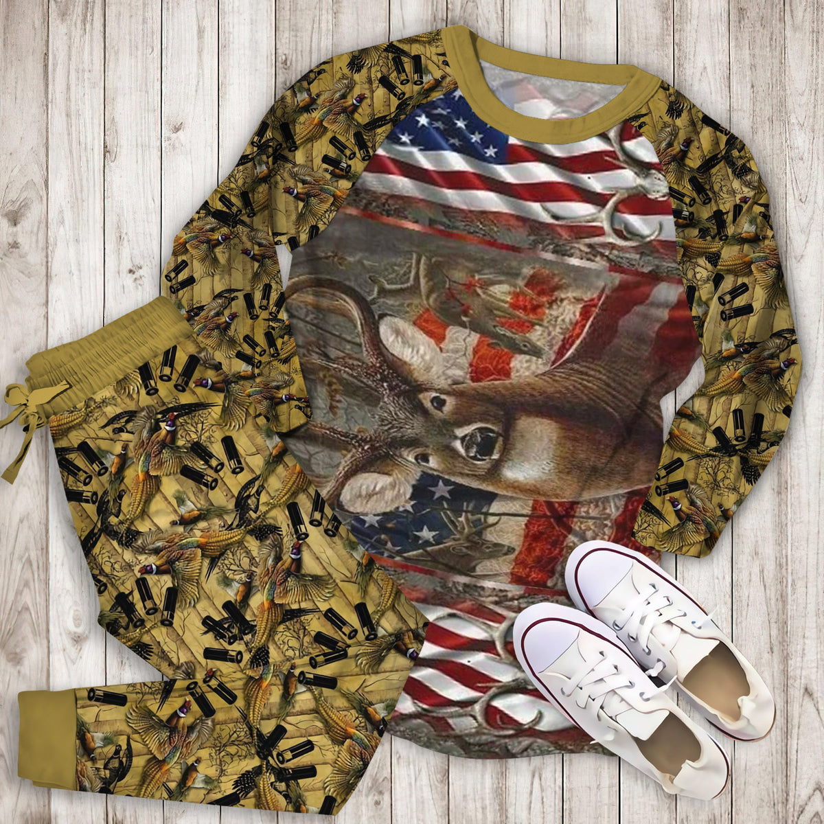 Hunting American Flag Pajama Set |Sleepwear Pjs Sets | Raglan Shirt Pants Set