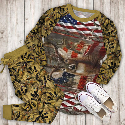 Hunting American Flag Pajama Set |Sleepwear Pjs Sets | Raglan Shirt Pants Set