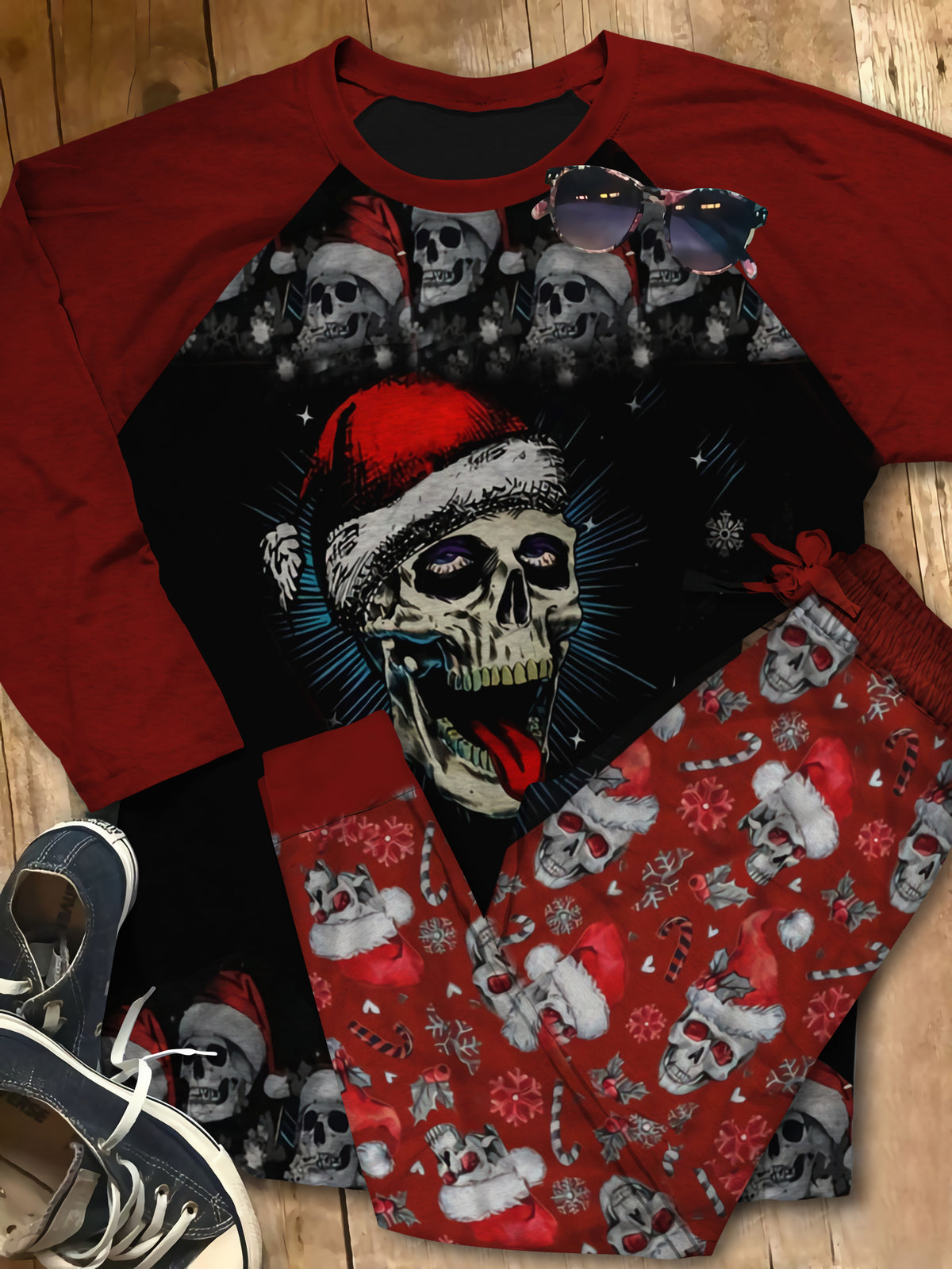 Skull Christmas Pattern Pajama Set |Sleepwear Pjs Sets | Raglan Shirt Pants Set