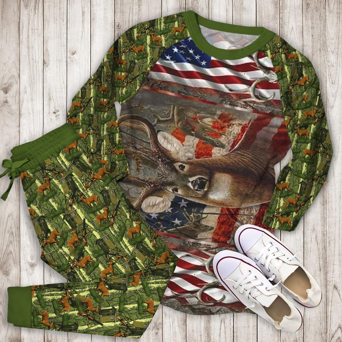 Hunting American Flag Pajama Set |Sleepwear Pjs Sets | Raglan Shirt Pants Set