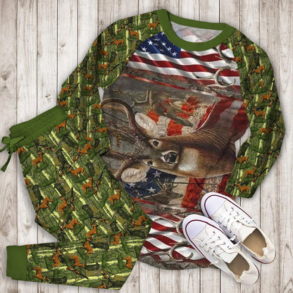 Hunting American Flag Pajama Set |Sleepwear Pjs Sets | Raglan Shirt Pants Set