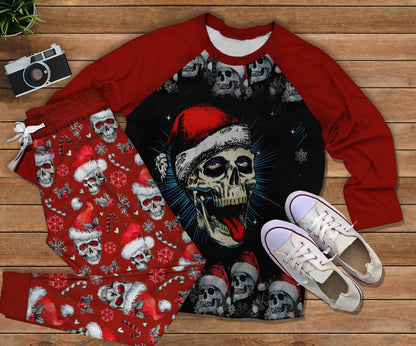 Skull Christmas Pattern Pajama Set |Sleepwear Pjs Sets | Raglan Shirt Pants Set