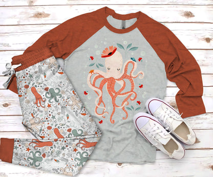 Octopus Lovely Pink Good Quality Pajama Set |Sleepwear Pjs Sets | Raglan Shirt Pants Set