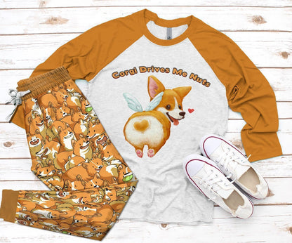 Corgi Crazy Pajama Set |Sleepwear Pjs Sets | Raglan Shirt Pants Set