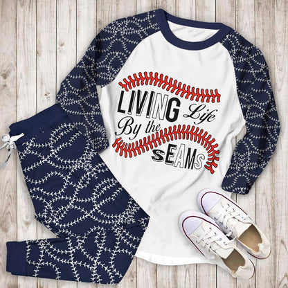 Baseball Living Life By The Seams Aac Pajama Set |Sleepwear Pjs Sets | Raglan Shirt Pants Set