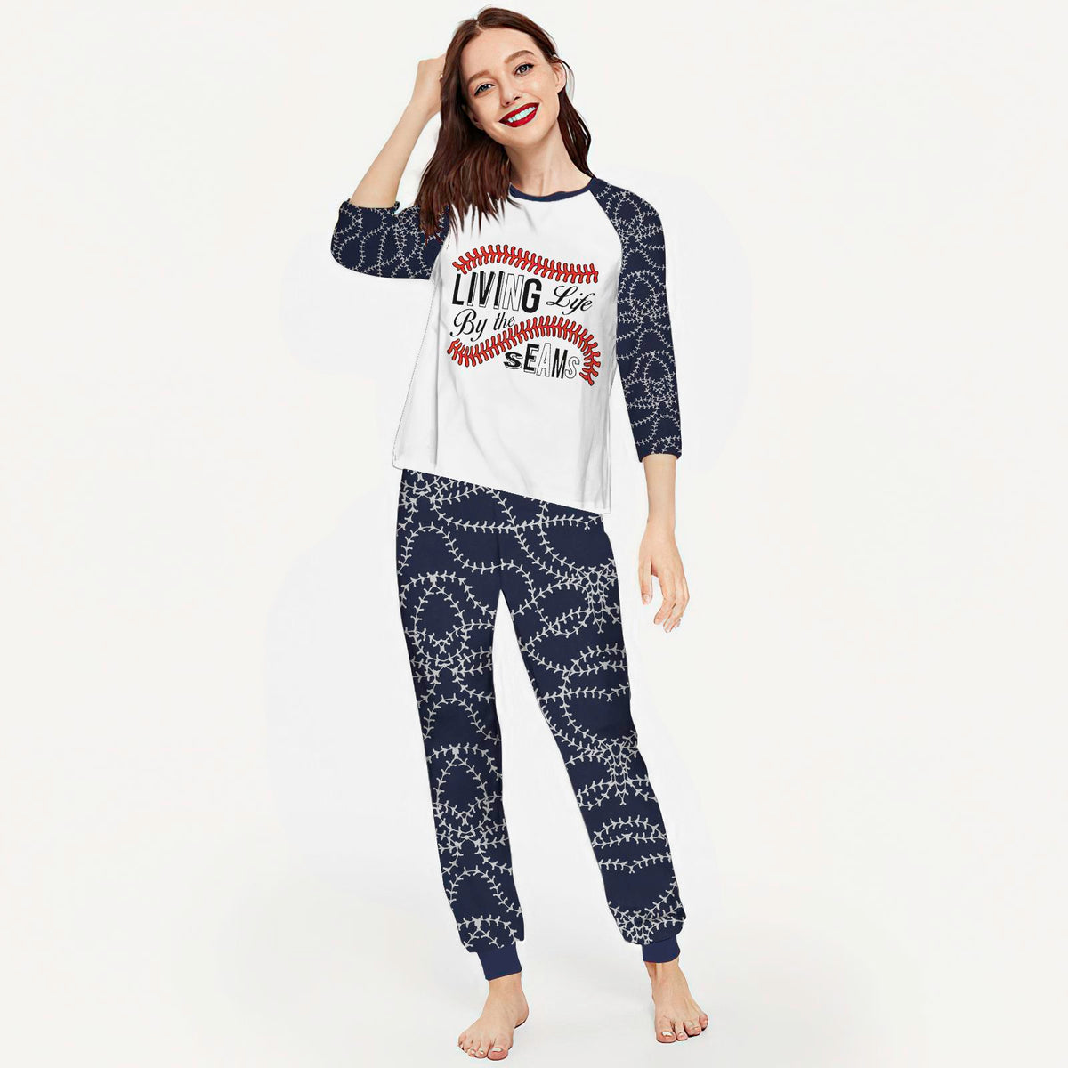 Baseball Living Life By The Seams Aac Pajama Set |Sleepwear Pjs Sets | Raglan Shirt Pants Set