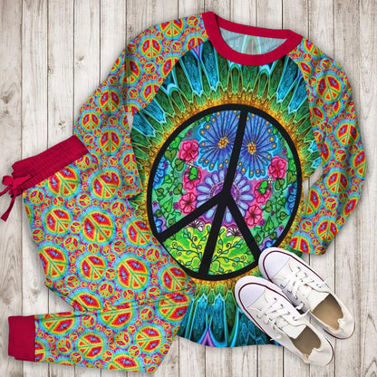 Hippie Peace Art Pajama Set | Pajamas | Cotton Sleepwear Sets | Soft Long Sleeve Pjs | Raglan Shirt and Pants Set