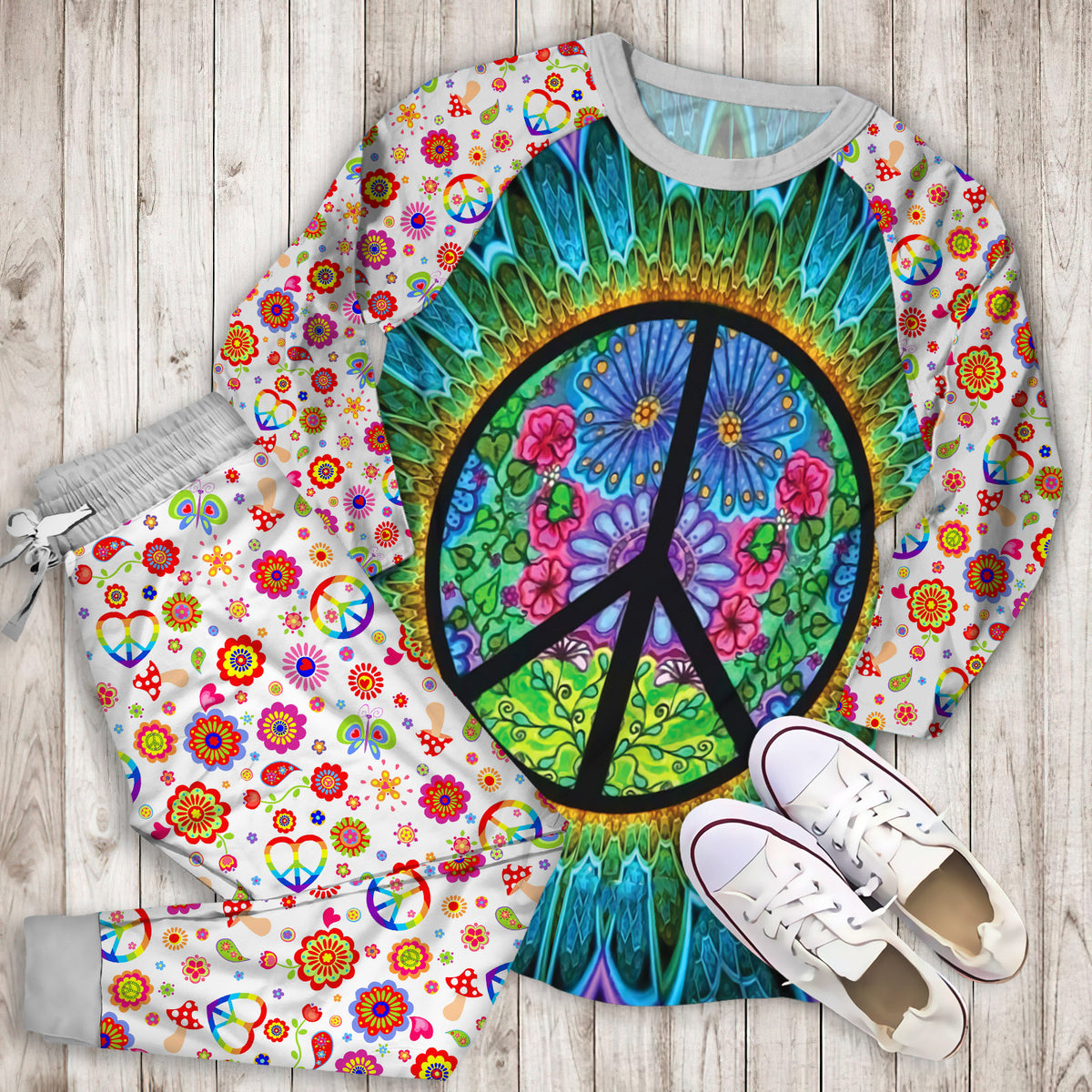 Hippie Peace Art Pajama Set | Pajamas | Cotton Sleepwear Sets | Soft Long Sleeve Pjs | Raglan Shirt and Pants Set