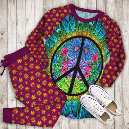 Hippie Peace Art Pajama Set | Pajamas | Cotton Sleepwear Sets | Soft Long Sleeve Pjs | Raglan Shirt and Pants Set