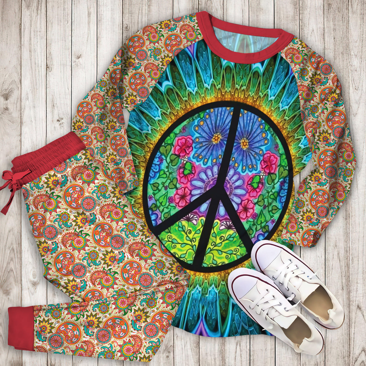 Hippie Peace Art Pajama Set | Pajamas | Cotton Sleepwear Sets | Soft Long Sleeve Pjs | Raglan Shirt and Pants Set