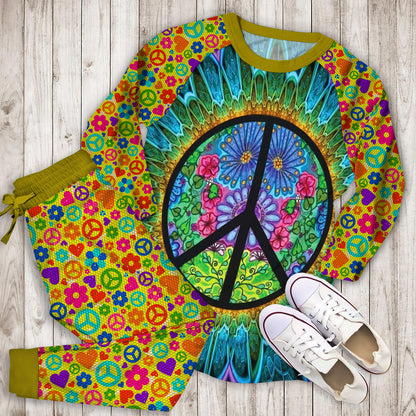 Hippie Peace Art Pajama Set | Pajamas | Cotton Sleepwear Sets | Soft Long Sleeve Pjs | Raglan Shirt and Pants Set