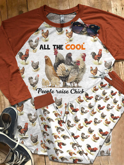 Chicken Set Cool People Raise Chicken Pajama Set |Sleepwear Pjs Sets | Raglan Shirt Pants Set
