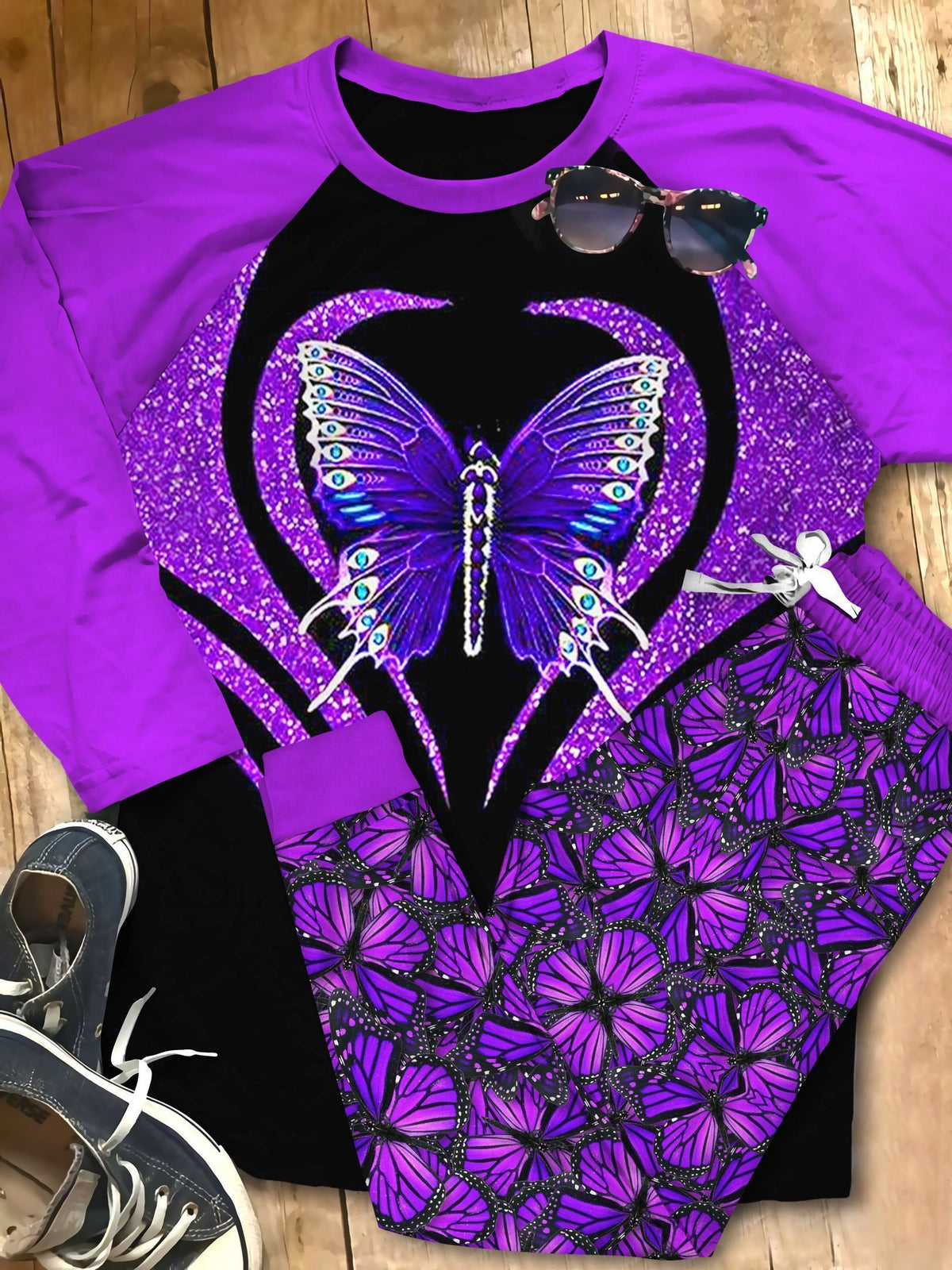 Butterfly Purple Pajama Set |Sleepwear Pjs Sets | Raglan Shirt Pants Set