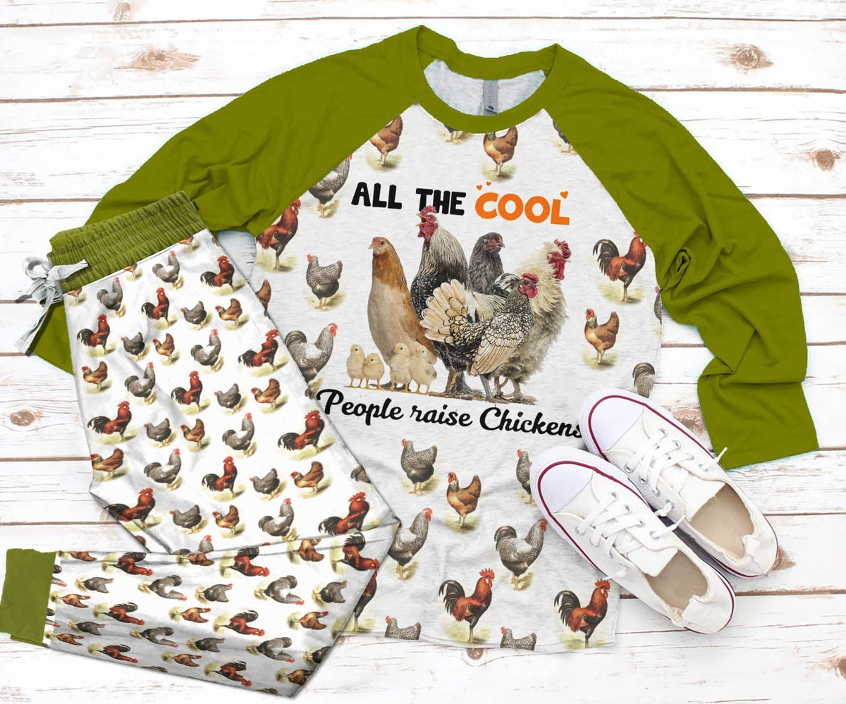 Chicken Set Cool People Raise Chicken Pajama Set |Sleepwear Pjs Sets | Raglan Shirt Pants Set