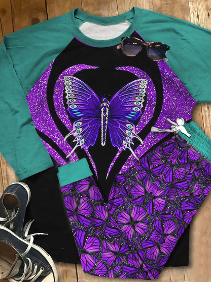 Butterfly Purple Pajama Set |Sleepwear Pjs Sets | Raglan Shirt Pants Set