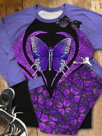 Butterfly Purple Pajama Set |Sleepwear Pjs Sets | Raglan Shirt Pants Set