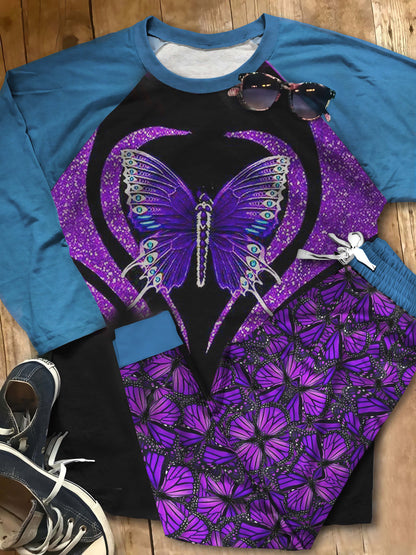Butterfly Purple Pajama Set |Sleepwear Pjs Sets | Raglan Shirt Pants Set