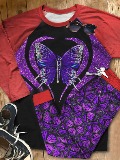 Butterfly Purple Pajama Set |Sleepwear Pjs Sets | Raglan Shirt Pants Set